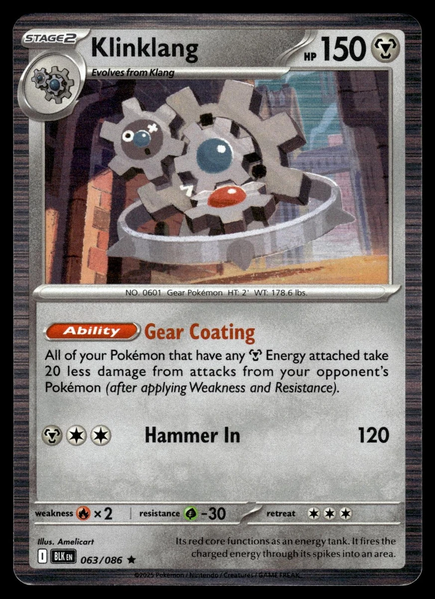 klinklang pokemon card price Pokémon TCG Cards for sale Metal Ability Gear Wall Your Basic Pokémon take 20 less damage from attacks from your opponents Pokémon (after applying Weakness and Resistance) Klinklang (Holo) - 063/086 -