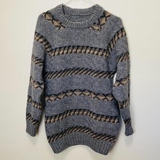 Hand Knit Chunky Wool Vintage 70s Earth Tone Neutral Crewneck Sweater