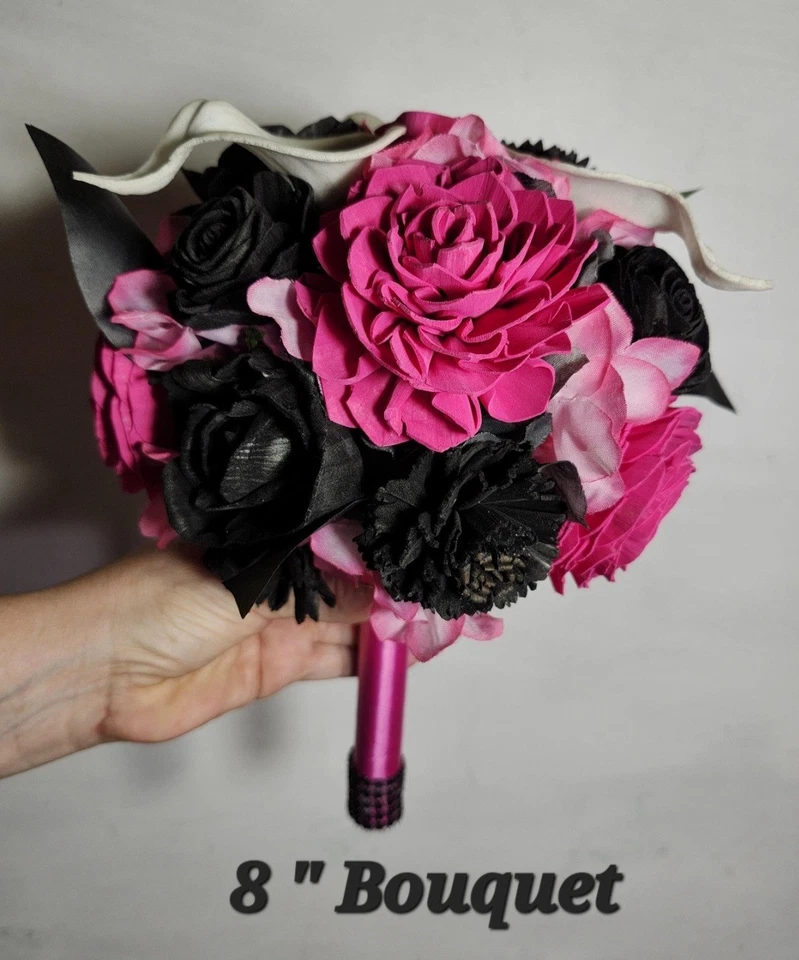 Fuchsia Pink Black Rose Calla Lily Bridal Wedding Bouquet Accessories - Image 4 of 4