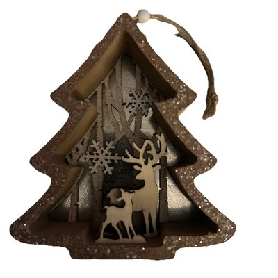 Wooden Tree with Two Deer Laser Cut 3D Christmas Ornament - Reindeer Rustic