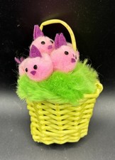 Vintage Easter Basket of Bunnies Toy Peeps Sound Yellow Pink Green 5 Inches