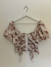 Coquette Fairy Crop Top Sz L Cottagecore Floral Whimsy Corset Ruched Puff Sleeve