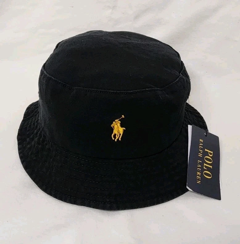 NEW Polo by Ralph Lauren Black Bucket Hat Gold Embroidered Pony OS