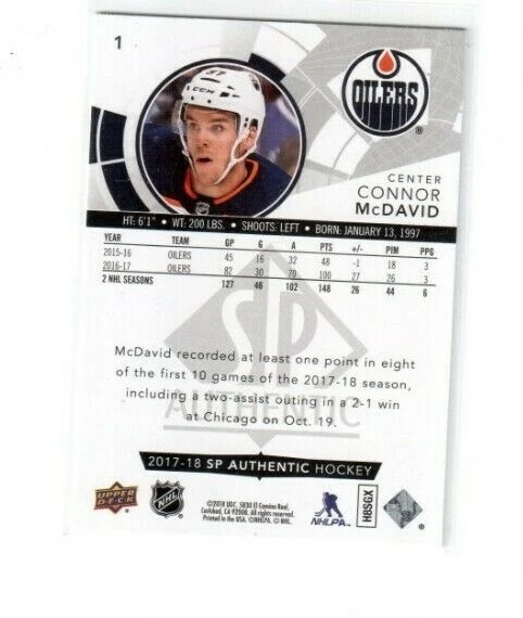 2017-18 SP Authentic Base Card # 1 Connor McDavid Edmonton Oilers Center - Image 2 of 2