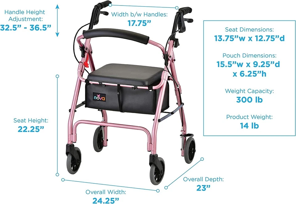 Nova GetGO Classic Foldable Rolling Walker Stnd Size Rollator - OPEN BOX PINK - Image 2 of 4