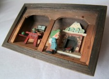 Vintage Italian Wooden Model Room Diorama w/ Fireplace + Boy - Miniature