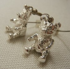 Silver Tone Carved Sitting Teddy Bear Drop Dangle Earrings - Very Shiny