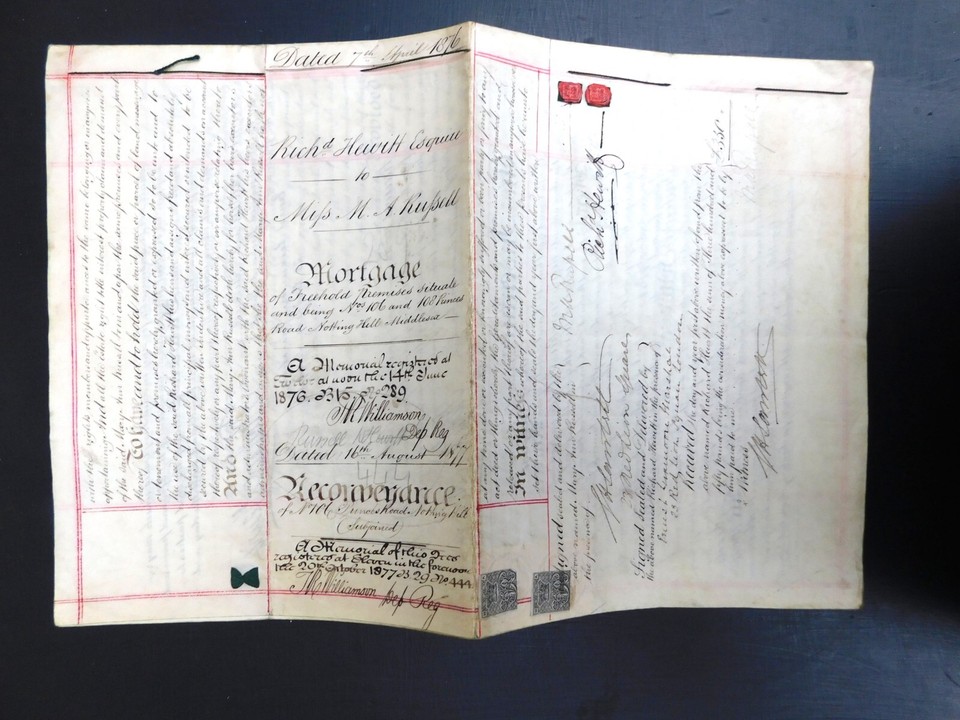 ANTIQUE INDENTURE ON VELLUM 1876. LOAN AND MORTGAGE DOCUMENT STAMPS