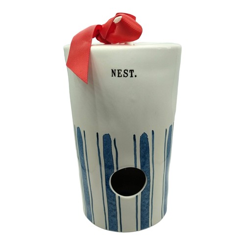 New Rae Dunn Cylinder Bird House Denim Blue Stripe Log Nest VHTF 2018 Ceramic - Picture 3 of 10