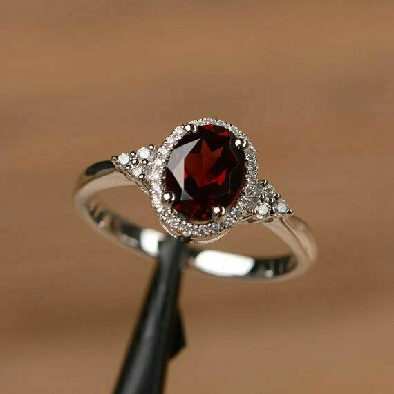 2Ct Oval Red Garnet Simulated Halo Engagement Ring Solid 14K White Gold Plated - Image 2 of 4
