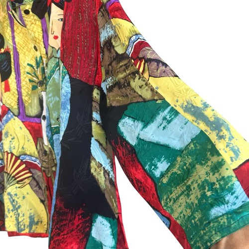 Chico's Design 2 Large Vintage Asian Japanese Colorful Silk Top Kimono-Clad Art - Picture 8 of 12
