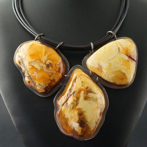 Massive Mariusz Gliwinski Poland Sterling Silver Egg Yolk Amber Leather Necklace - Picture 3 of 7