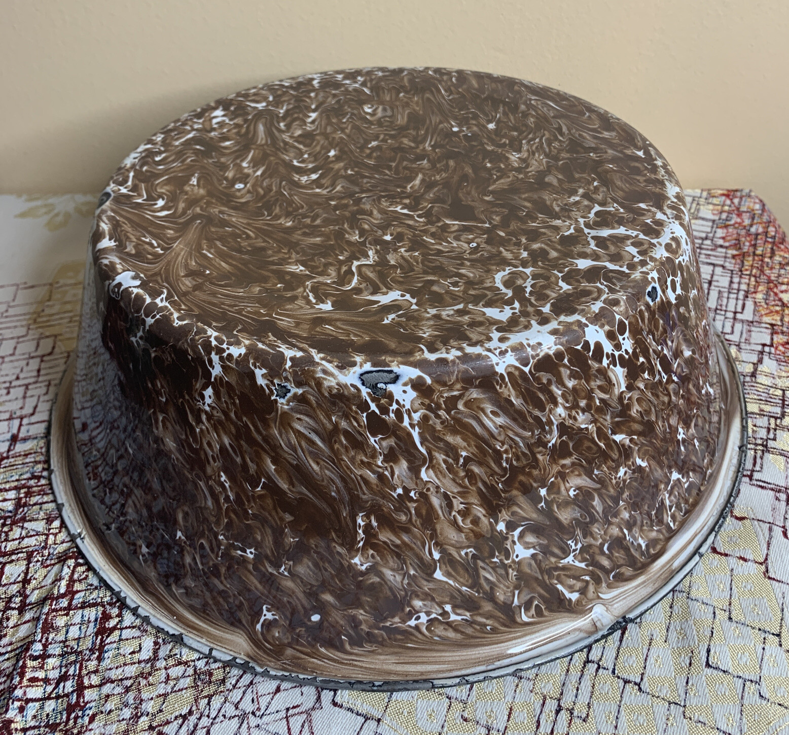 RARE Beautiful Set Of 3 Vintage BROWN & WHITE SWIRL Graniteware Enamelware Bowls