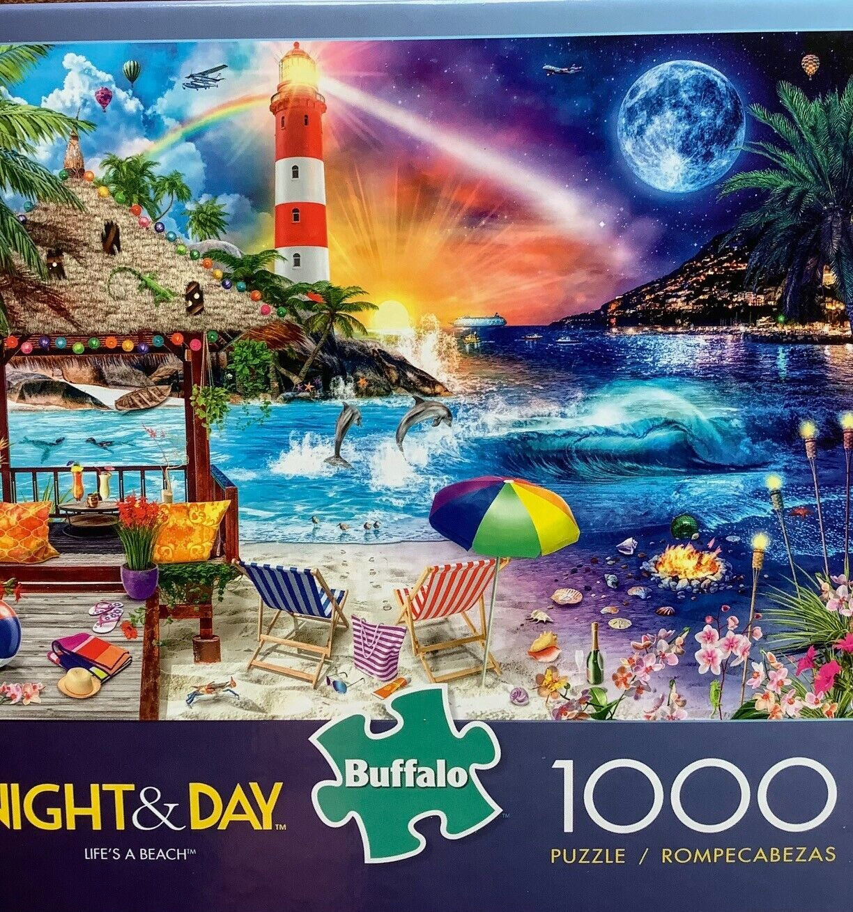 Discover the Life's a Beach 1000-Piece Puzzle with Lighthouse Chairs Umbrella Dolphins and Moonlight