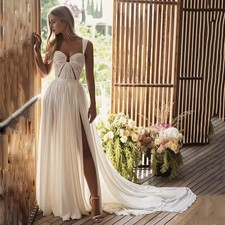 Elegant Chiffon long Wedding Dresses Backless Boho Beach Side Split Bridal Gowns