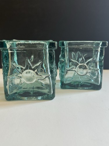 Pair Green Glass Votive Tea Light Candle Holder Embossed Sun 3x3” Heavy Recycled - Picture 4 of 24