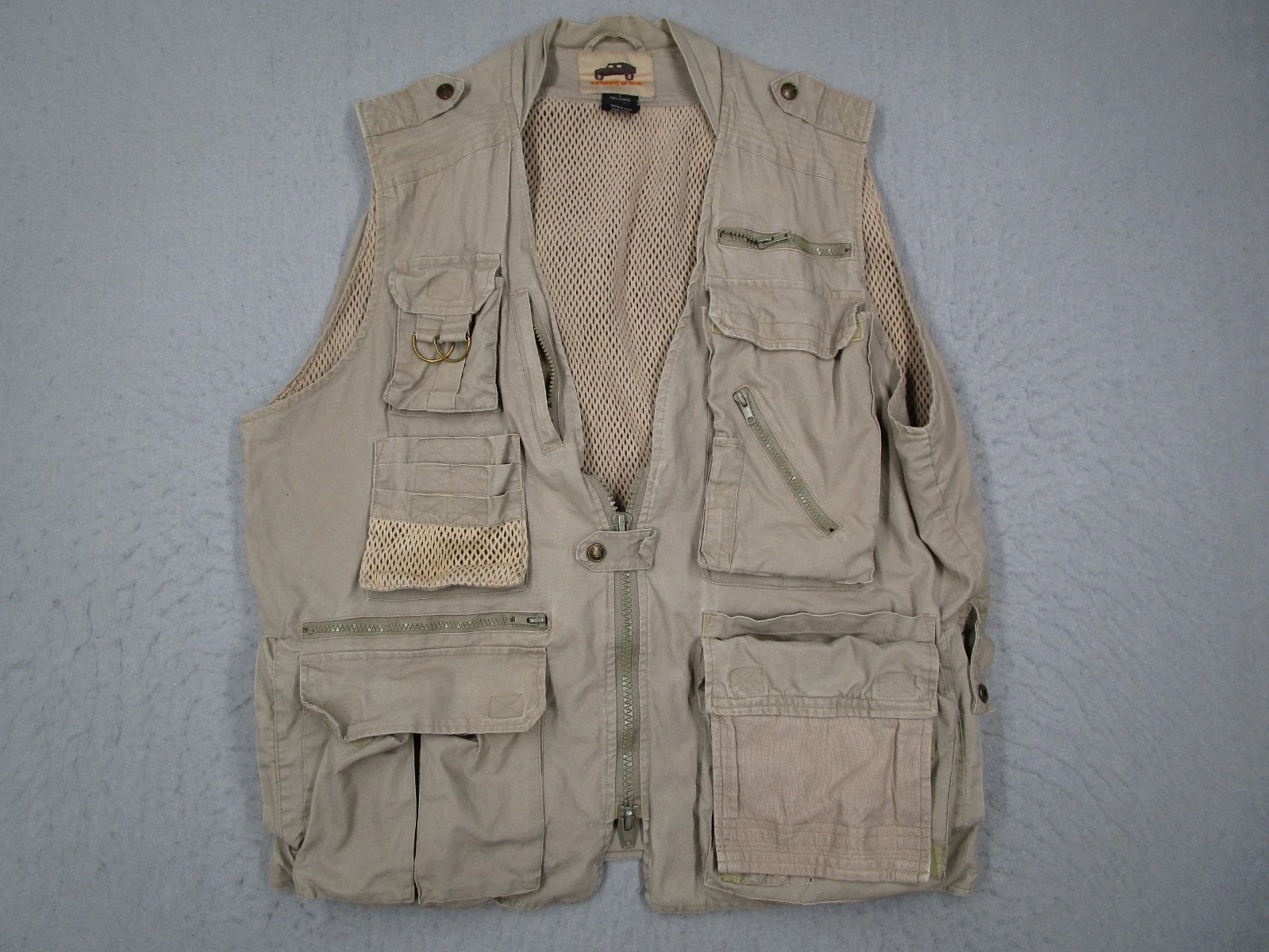 Humvee Vest Mens Large Beige Canvas Zip Safari Photo Travel Khaki Hike Fish Hunt