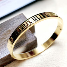 Gold Plated Bangle Stainless Steel Open Cuff Greek Key Pattern Bracelet UK