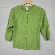 LL Bean Green Cable Knit 3/4 Sleeve Cardigan Sweater Womens Size M Distressed