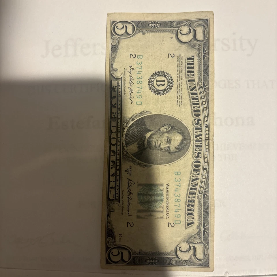 1950 nota de 5 dólares da Reserva Federal série b. Série # inclui 3 pares. - Imagem 4 de 4