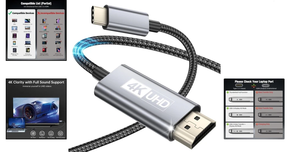 Câble USB C vers HDMI 2M Ultra Haut Débit 4K UHD pour MacBook et Smartphones - Photo 2/4