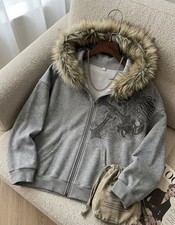 Y2K Fur Hood Zip Up Hoodie - Grey Skull Cross...