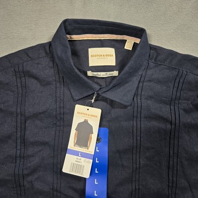 NWT Scotch & Soda Linen Blend Shirt - Mens Size L - Blue Button Up Short Sleeve