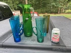 Vintage Blenko Green Pitcher And Six Chimney Glasses