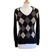Apt. 9 Black Argyle V-Neck Cashmere Sweater, Preppy, Academia, Size M