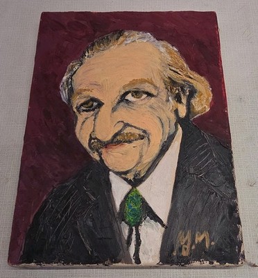 Albert Einstein Realism Oil Canvas Viintage 1960s Signed MM  9.5 X 13