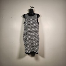 ANN TAYLOR Sleeveless Dress L Large Navy Blue White Print Knit Office Career