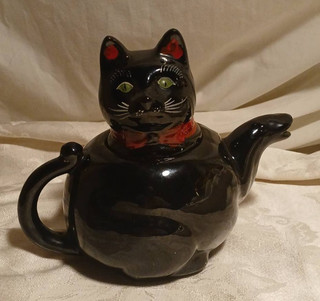 Vintage 50s Black Fat Cat Ceramic Teapot Redware Shafford Pottery Japan