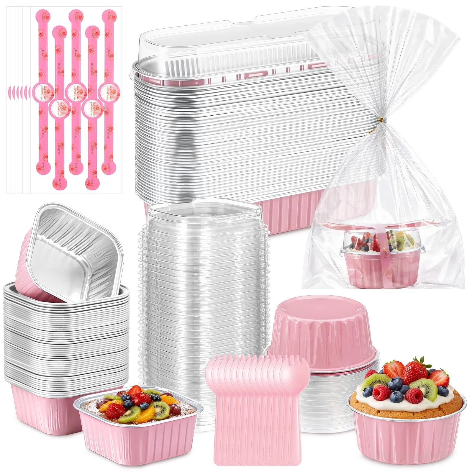 150 Set Pink Mini Cake Pans with Lids, 6.8oz & 5oz Aluminum Foil Baking Cups ...