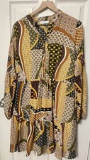 Boho Border Print Ruffle Fall Colors Tiered Lined Dress w/Drawstring Sz M/L NWOT