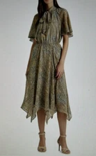 Lauren Ralph Lauren Paisley Crinkle Georgette Tie-Neck Midi Dress Green Size 12