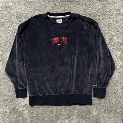 Tommy Jeans Mens Long Sleeve Velour Crewneck Sweatshirt  Navy Blue  Size 2XL