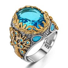 925 Sterling Silver Life Tree Aquamarine Stone Men's Ring with Turquoise Details