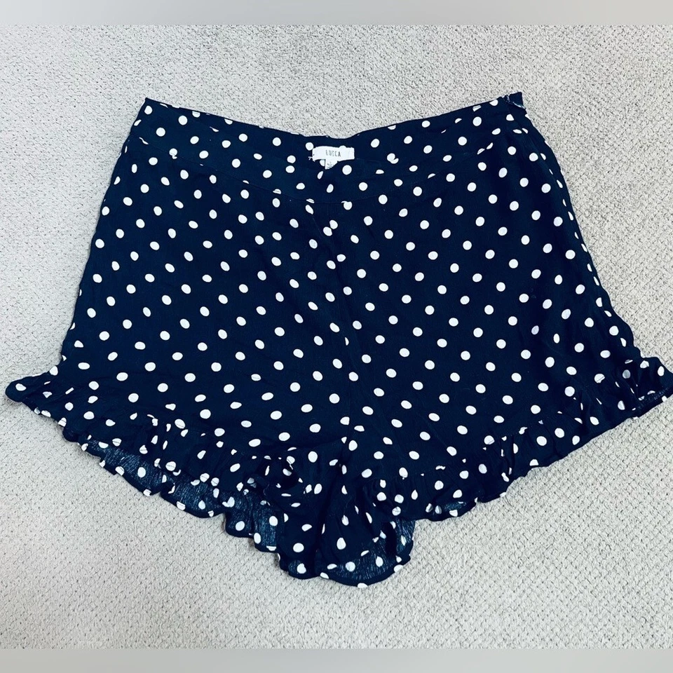 Pantalones Cortos Lucca Daniella Para Mujer Grandes Azul Marino Lunares Cintura Alta Volantes Dobladillo Foto 2 de 4