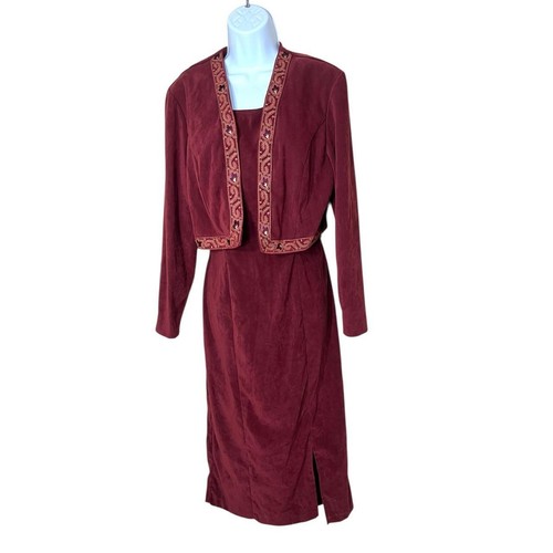 Vintage Dress Barn Burgundy Embroidered Trim Jacket 2 Piece 90s Midi Dress Set 8 - Picture 1 of 11