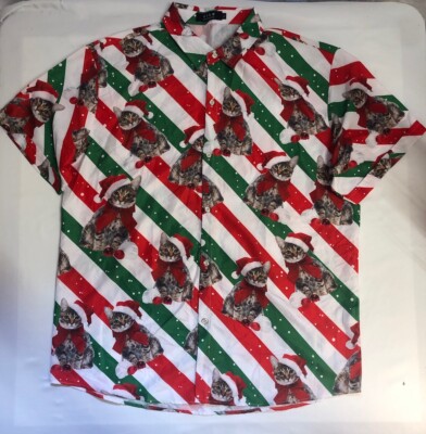 SSLR Men s Funny Holiday Button Down Shirt Kitty Cat In A Santa Christmas Hat