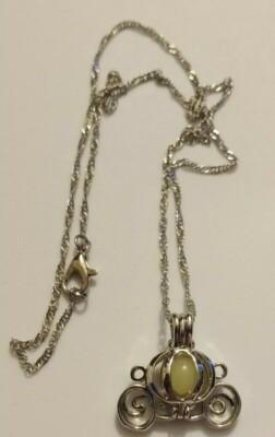 Cinderella Carriage Pearl Gemstone Cage Necklace Epcot Locket Charm Silver Tone