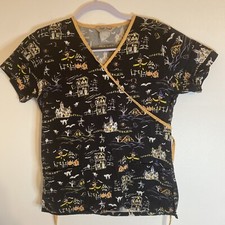Comfy Cotton Scrub Top Medical Uniform Black Halloween Pumpkins Cats Small