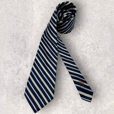HICKEY FREEMAN Navy/Blue/Beige Striped Silk Cotton LUXURY Tie USA 