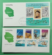 DR WHO 1992 TANZANIA 2 FDC COLUMBUS ANIV COMBO S/S 250 R93666