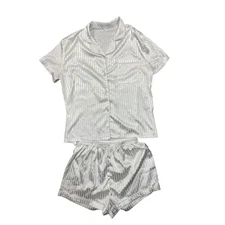 Shein Women's Large White Satin Stripe Pajama Set Shirt Shorts Bridal