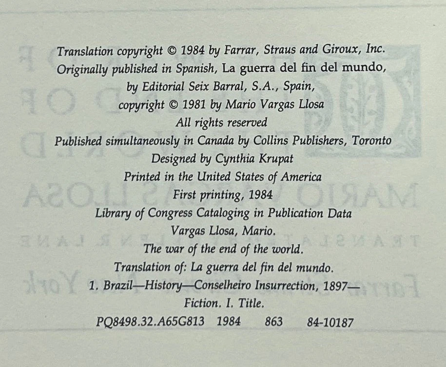Mario Vargas Llosa / The War of the End of the World 1st Edition 1984 - Image 2 of 2