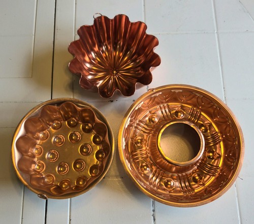 Lot of 3 Vtg Copper Toned Mold Pans Fluted Dotted Jello Cake Retro Wall Decor