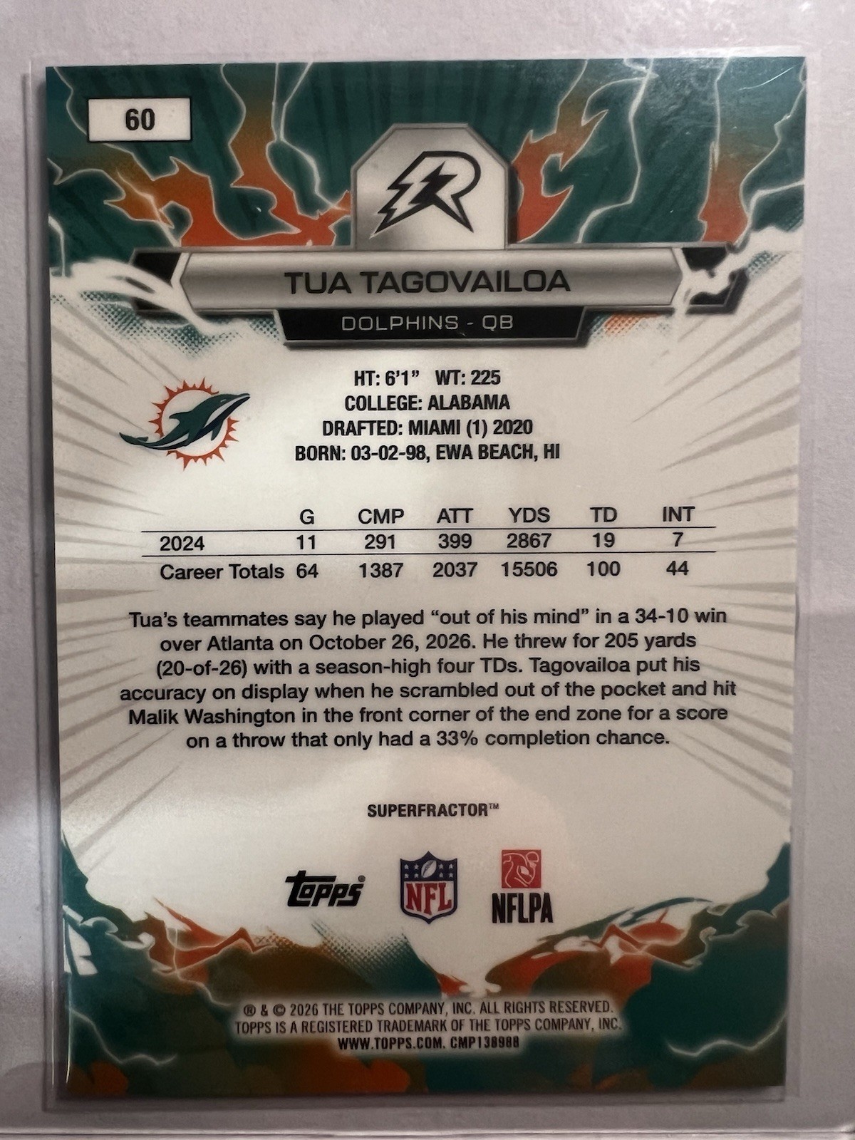 2025-26 Topps Resurgence NFL Football Tua Tagovailoa Dolphins SUPERFRACTOR 1/1 view 5