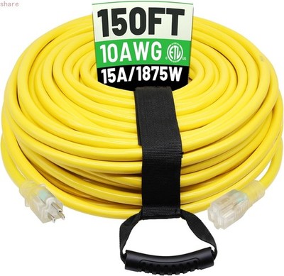 POWGRN 150 Ft 10/3 Outdoor Extension Cord Waterproof Heavy Duty 10 Gauge 3 Prong
