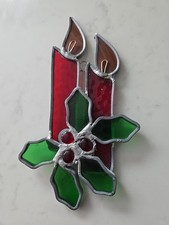 Vtg Stained Leaded Glass Suncatcher Candles Holly Berry Leaves Christmas Decor